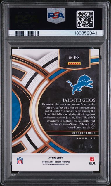 Graded 2023 Panini Select Jahmyr Gibbs #198 1/25 Blue Disco Prizm Rookie RC Football Card PSA 9 Mint - Image 2