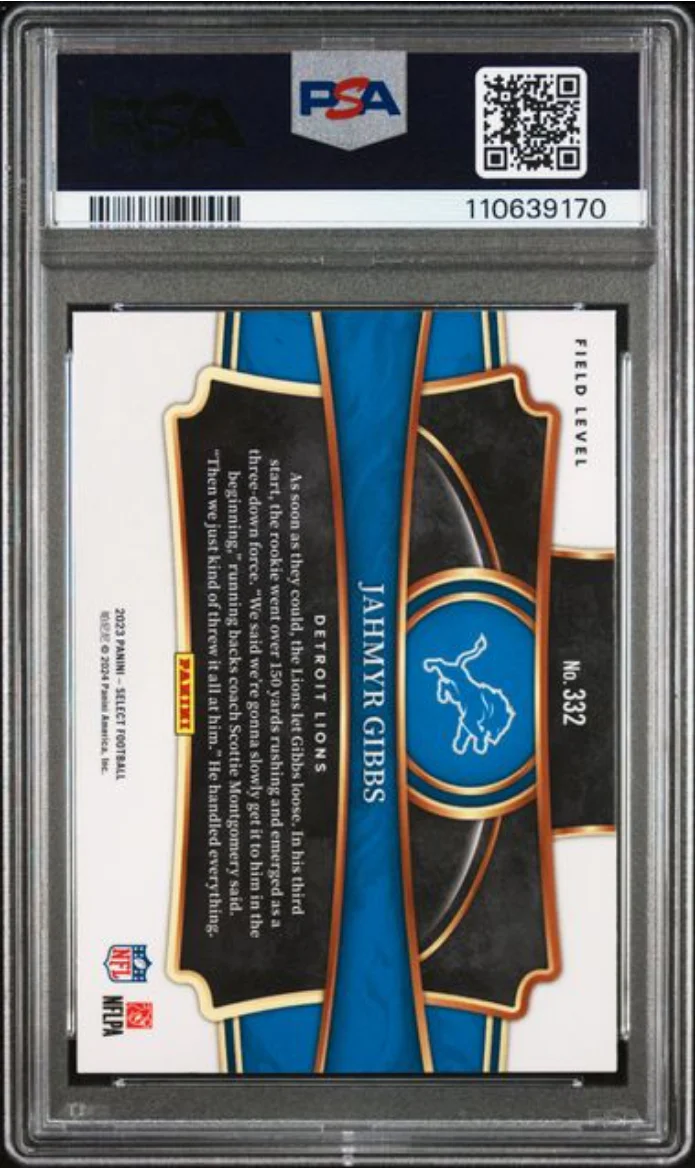 Graded 2023 Panini Select Jahmyr Gibbs #332 Rookie RC Football Card PSA 10 Gem Mint - Image 2