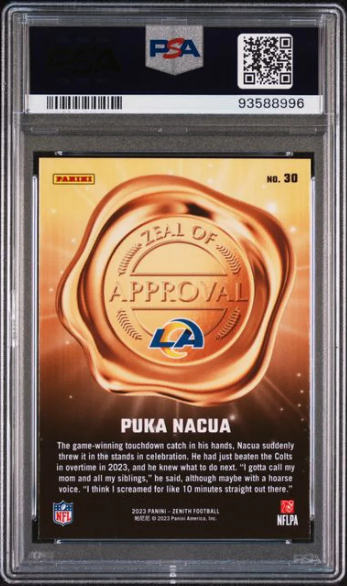 Graded 2023 Panini Zenith Puka Nacua #30 Zeal of Approval Blue Rookie RC Football Card PSA 10 Gem Mint - Image 2
