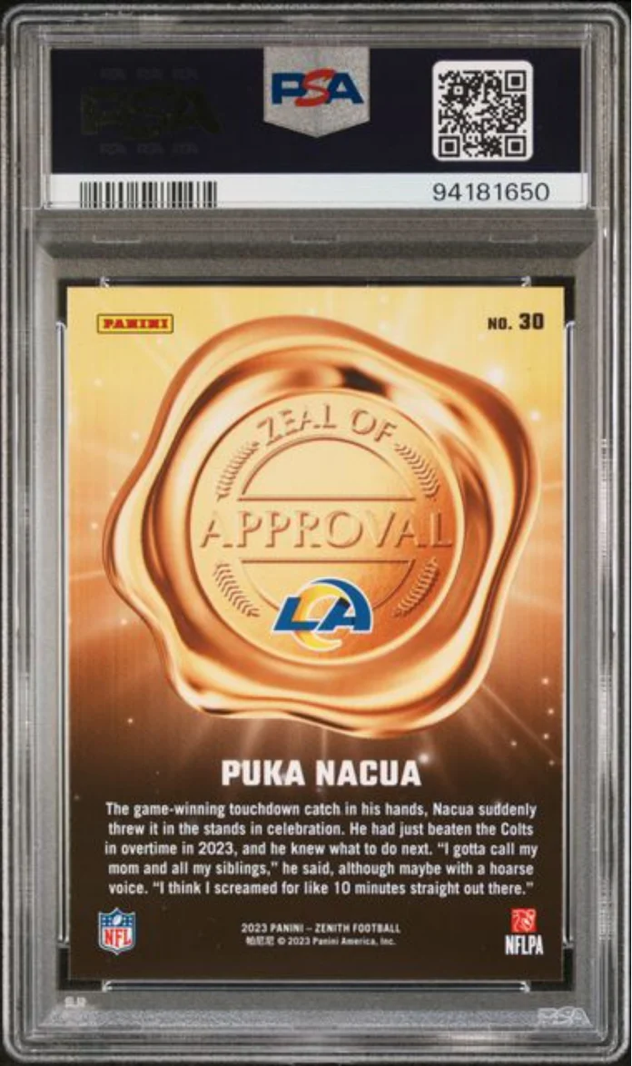 Graded 2023 Panini Zenith Puka Nacua #30 Zeal of Approval Red Rookie RC Football Card PSA 10 Gem Mint - Image 2