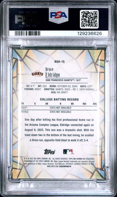 Graded 2023 Topps Bowman Draft Bryce Eldridge #BGA15 Glass Rookie RC Baseball Card PSA 10 Gem Mint - Image 2