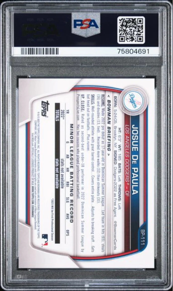Graded 2023 Topps Bowman Josue De Paula #BP111 Paper Prospects Rookie RC Baseball Card PSA 10 Gem Mint - Image 2