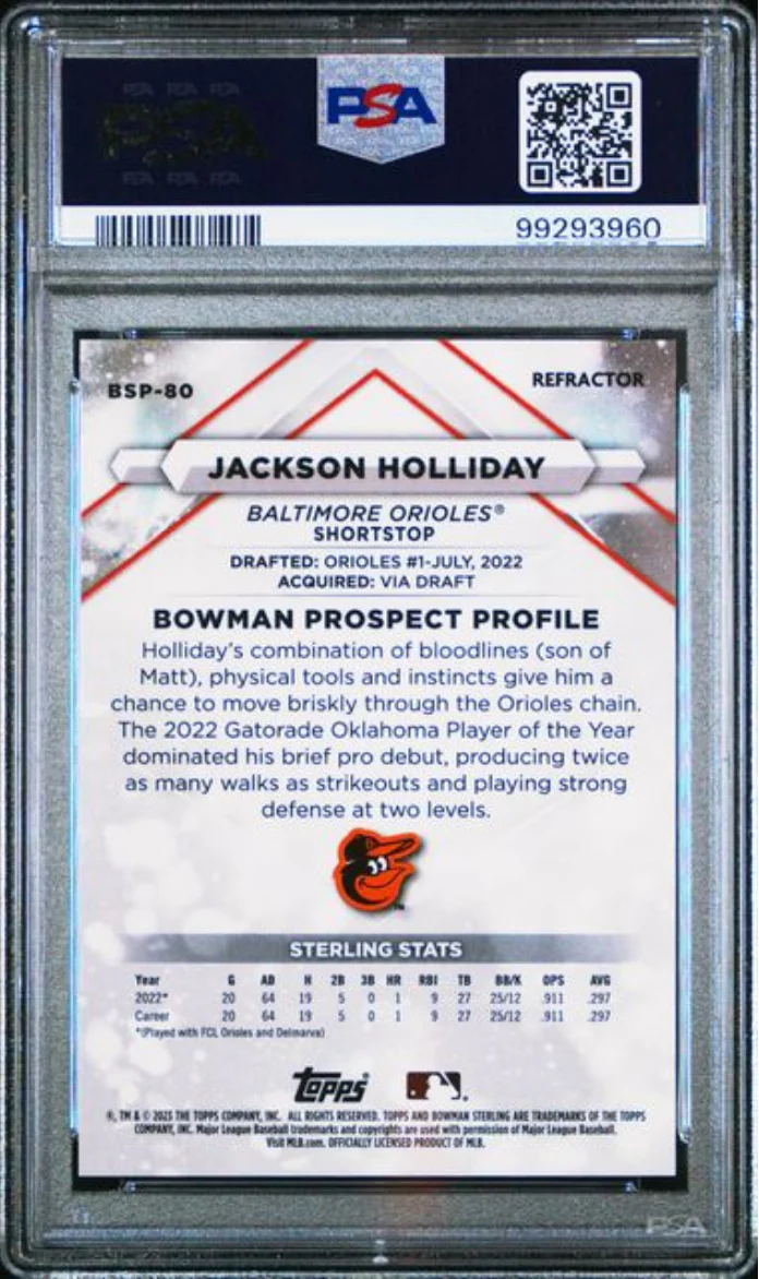 Graded 2023 Topps Bowman Sterling Jackson Holliday #BSP80 Refractor /199 Rookie RC Baseball Card PSA 10 Gem Mint - Image 2