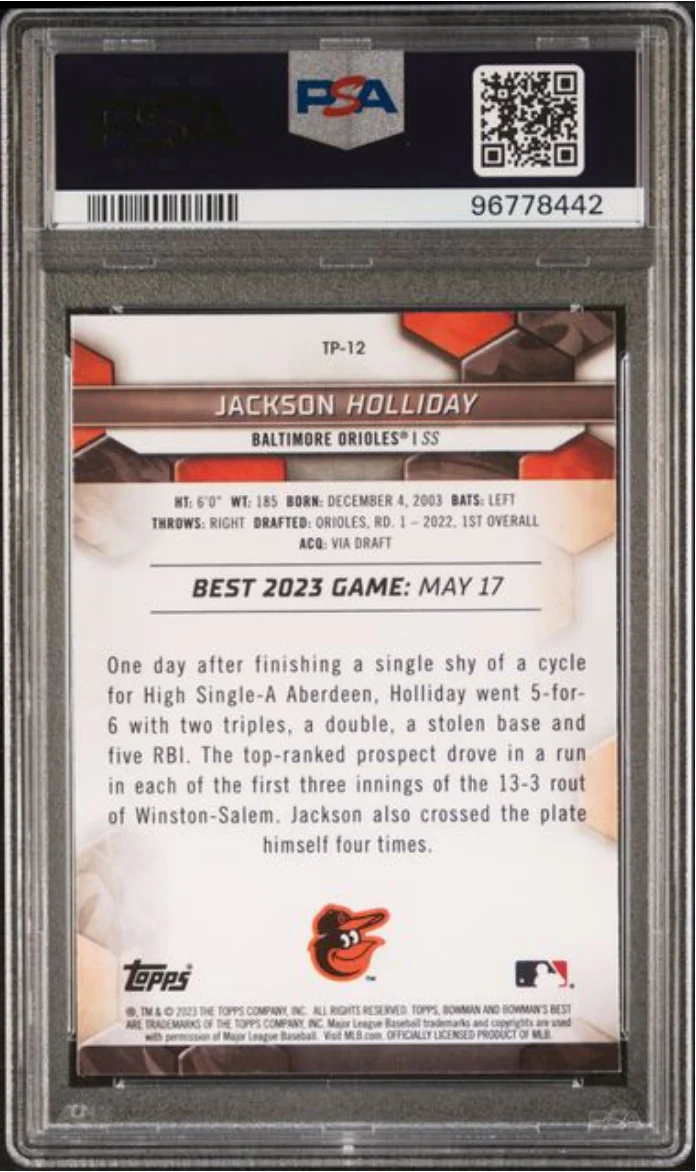 Graded 2023 Topps Bowmans Best Jackson Holliday #TP12 Top Prospects Rookie RC Baseball Card PSA 10 Gem Mint - Image 2