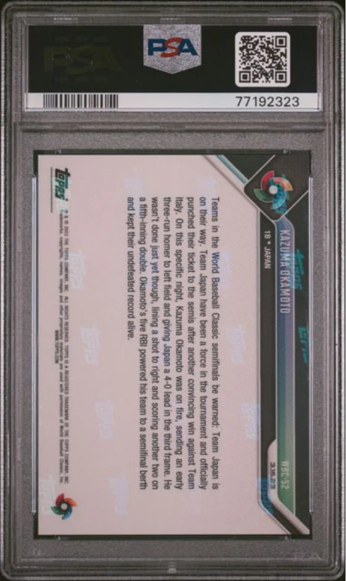 Graded 2023 Topps Now Kazuma Okamoto #WBC52 World Baseball Classic Rookie RC Baseball Card PSA 10 Gem Mint - Image 2