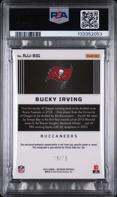 Graded 2024 Obsidian Bucky Irving #RJJBIG /75 Rookie Jumbo Jersey Red Auto Rookie RC Football Card PSA 9 Mint - Image 2
