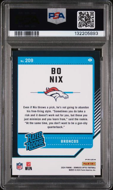 Graded 2024 Panini Donruss Optic Bo Nix #209 Blue Scope Rookie RC Football Card PSA 10 Gem Mint - Image 2
