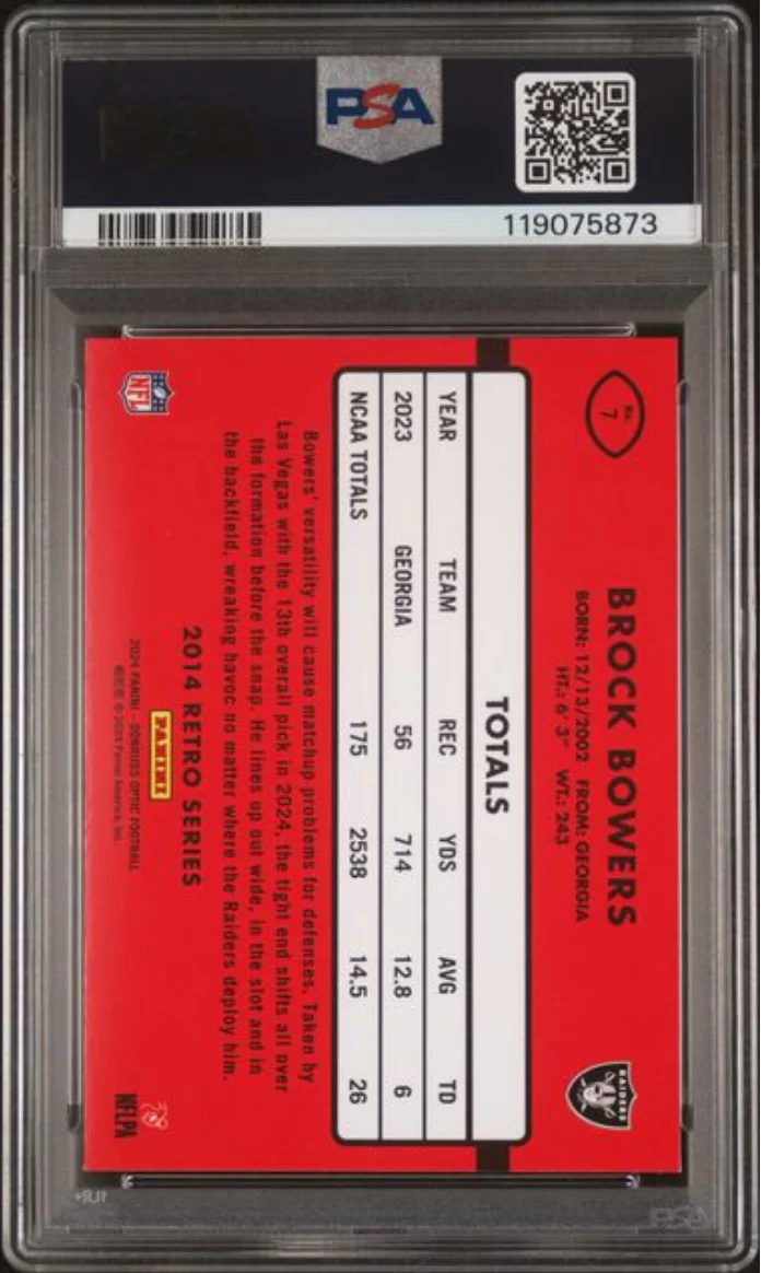 Graded 2024 Panini Donruss Optic Brock Bowers #7 2014 Retro Series Rookie RC Football Card PSA 10 Gem Mint - Image 2