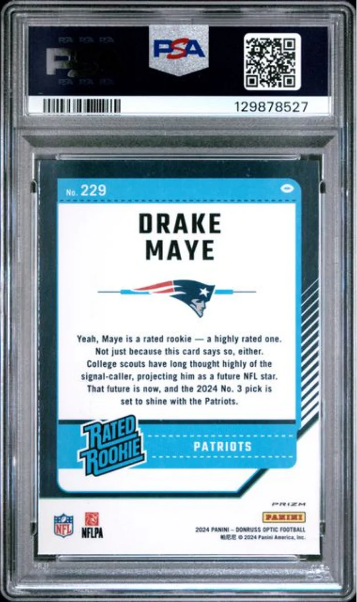Graded 2024 Panini Donruss Optic Drake Maye #229 Green Hyper Rookie RC Football Card PSA 10 Gem Mint - Image 2
