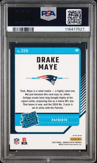 Graded 2024 Panini Donruss Optic Drake Maye #229 Holo Rookie RC Football Card PSA 9 Mint - Image 2
