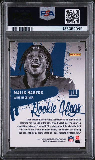 Graded 2024 Panini Donruss Optic Malik Nabers #5 Rookie Kings Rookie RC Football Card PSA 9 Mint - Image 2
