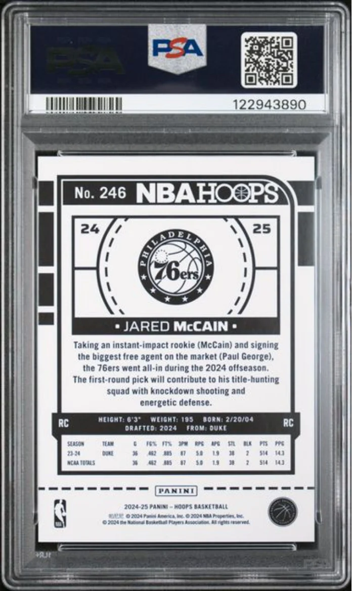 Graded 2024 Panini Hoops Jared McCain #246 Purple Explosion /110 Rookie RC Basketball Card PSA 10 Gem Mint - Image 2
