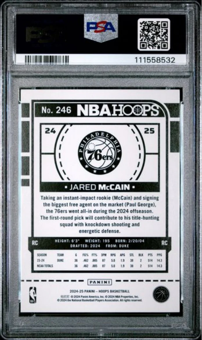 Graded 2024 Panini Hoops Jared McCain #246 Rookie RC Basketball Card PSA 10 Gem Mint - Image 2