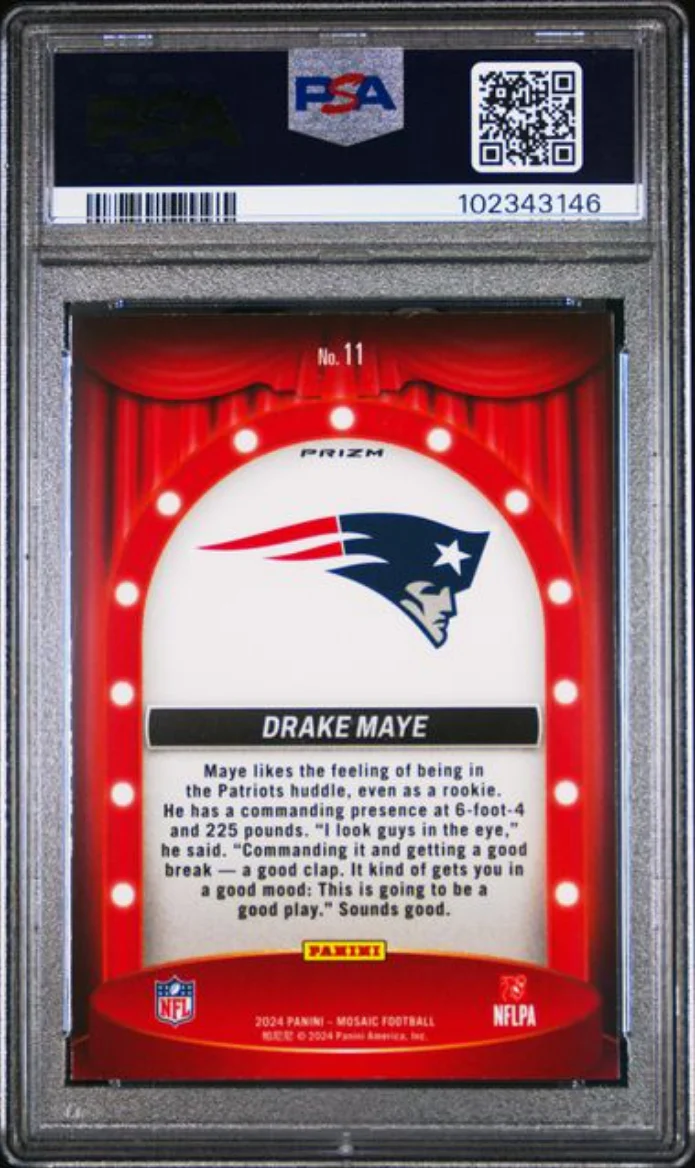 Graded 2024 Panini Mosaic Drake Maye #11 Center Stage Silver Rookie RC Football Card PSA 10 Gem Mint - Image 2