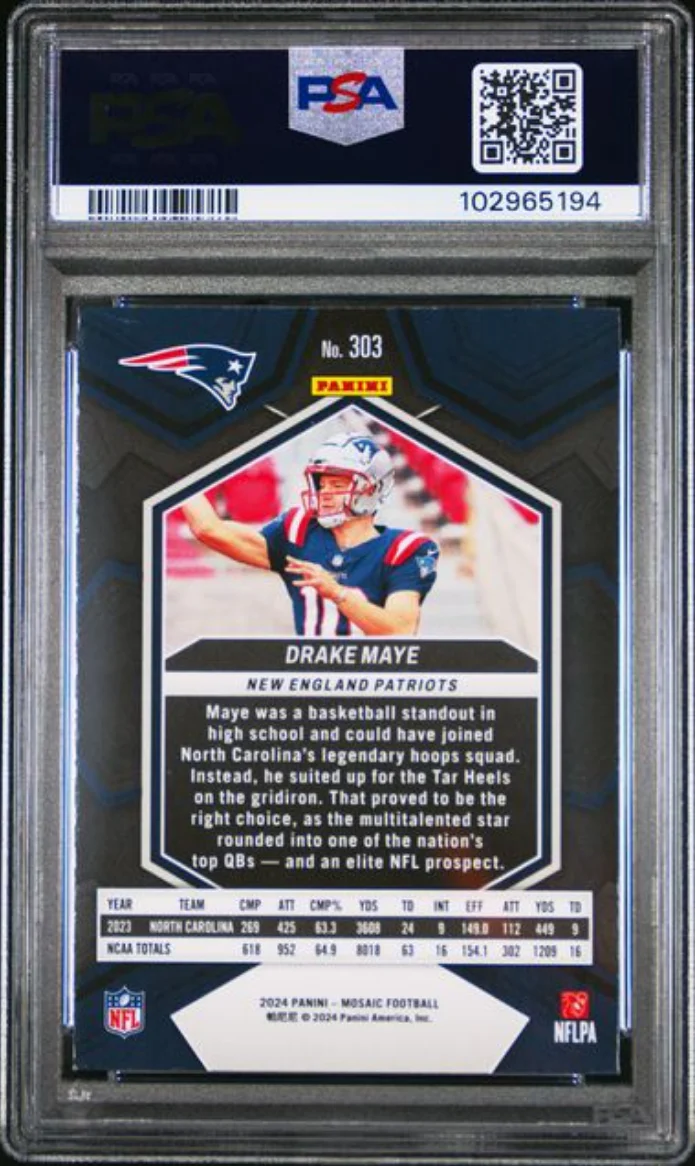 Graded 2024 Panini Mosaic Drake Maye #303 Rookie RC Football Card PSA 9 Mint - Image 2