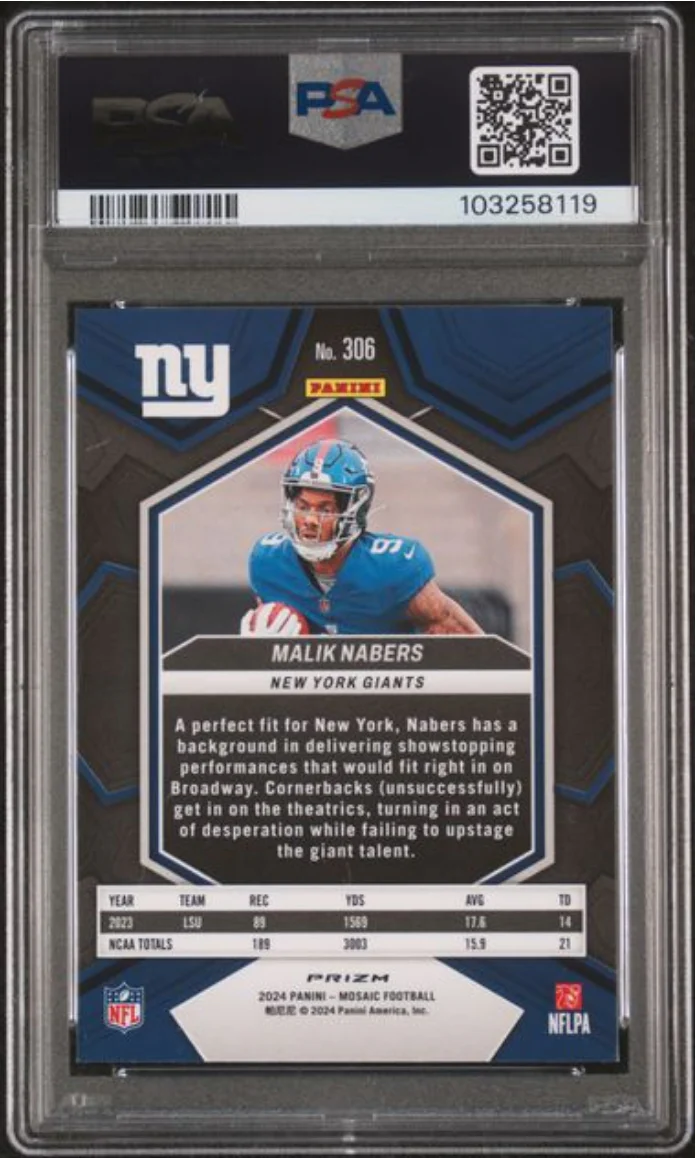 Graded 2024 Panini Mosaic Malik Nabers #306 Reactive Yellow Rookie RC Football Card PSA 10 Gem Mint - Image 2