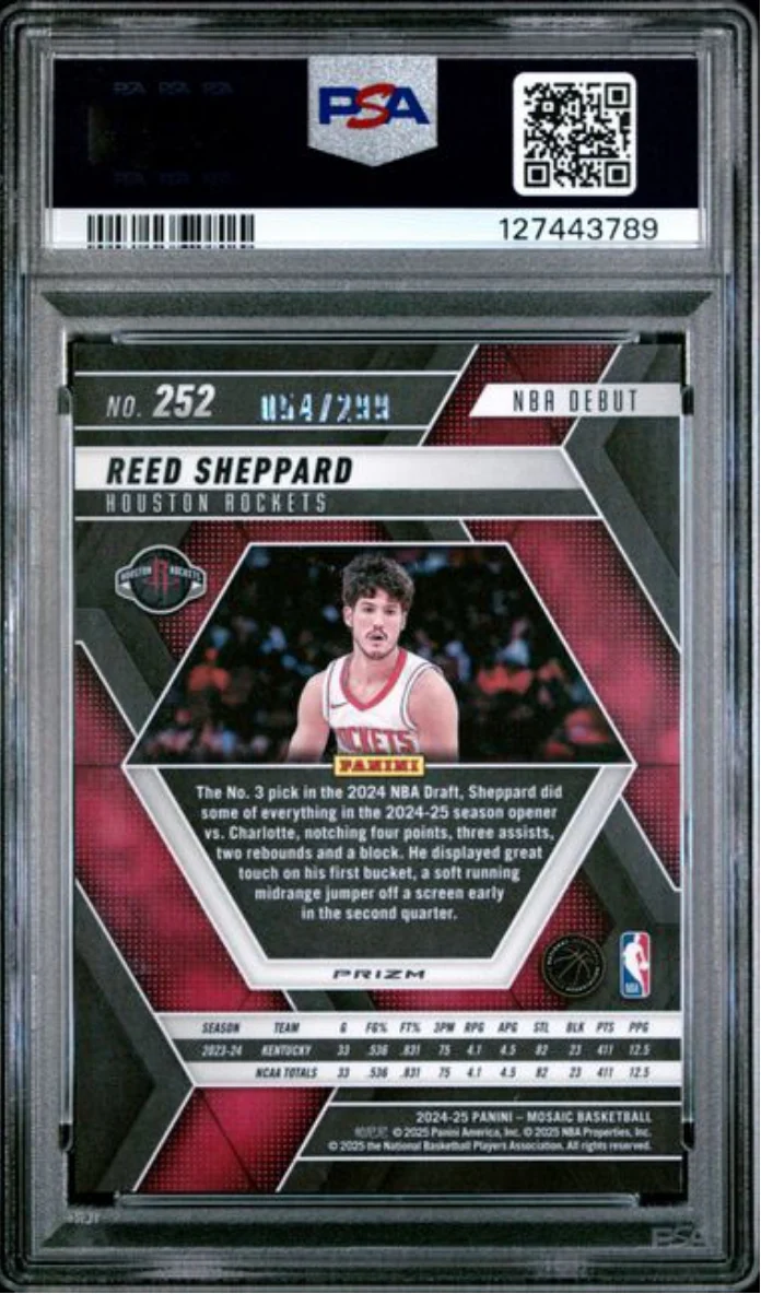 Graded 2024 Panini Mosaic Reed Sheppard #252 Red Seismic /299 Rookie RC Basketball Card PSA 10 Gem Mint - Image 2