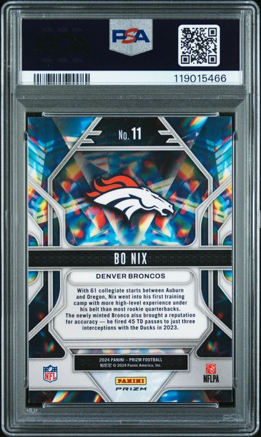 Graded 2024 Panini Prizm Bo Nix #11 Prizmatic Green Prizm Rookie RC Football Card PSA 10 Gem Mint - Image 2