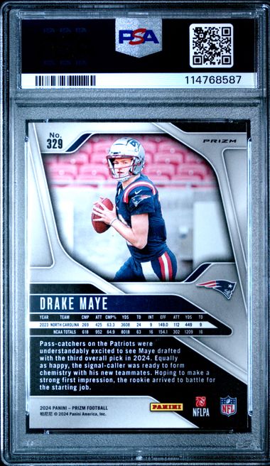 Graded 2024 Panini Prizm Drake Maye #329 Red White Blue Prizm Rookie RC Football Card PSA 10 Gem Mint - Image 2