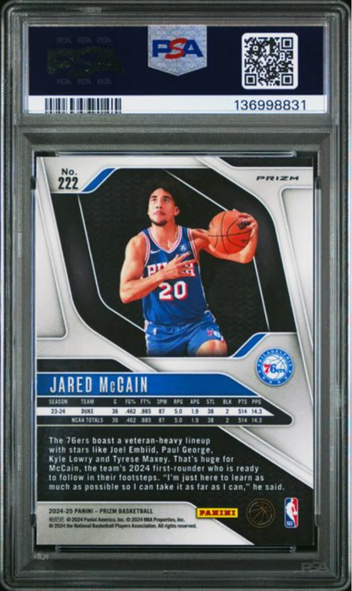 Graded 2024 Panini Prizm Jared McCain #222 Pink Ice Rookie RC Basketball Card PSA 10 Gem Mint - Image 2
