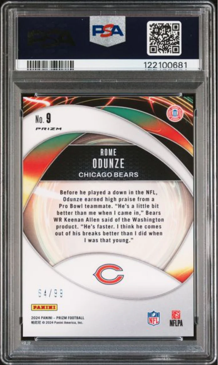 Graded 2024 Panini Prizm Rome Odunze #9 Portals Blue Ice /99 Rookie RC Football Card PSA 10 Gem Mint - Image 2