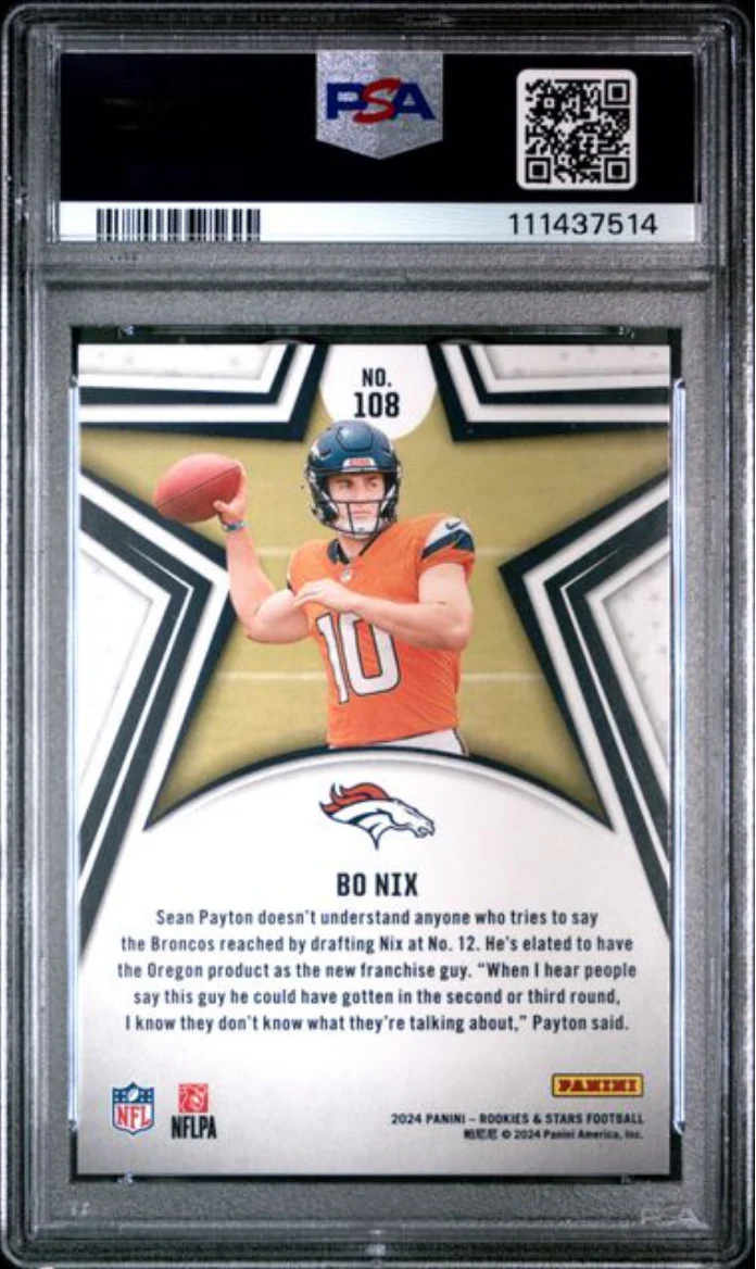 Graded 2024 Panini Rookies & Stars Bo Nix #108 True Blue /149 Rookie RC Football Card PSA 10 Gem Mint - Image 2