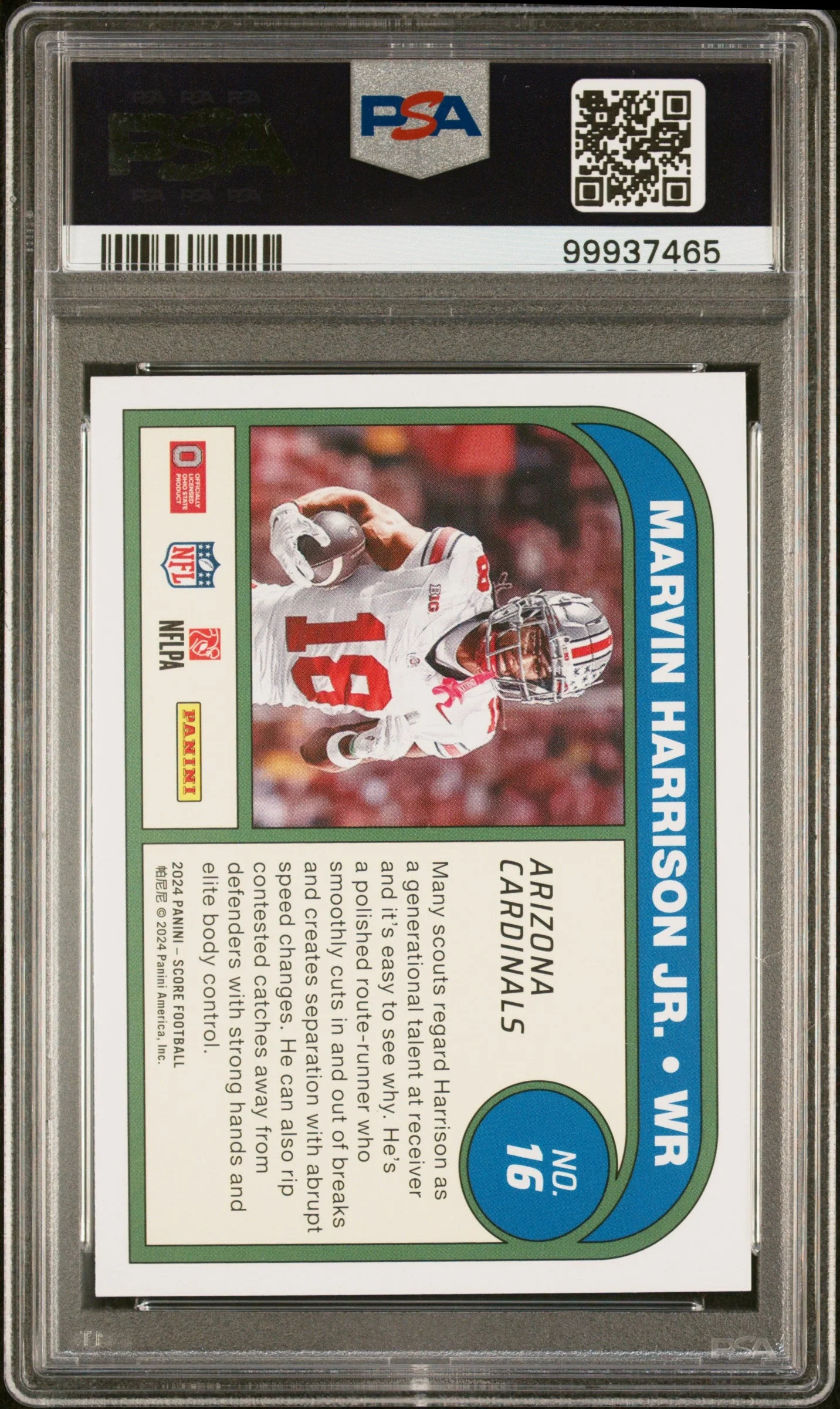 Graded 2024 Panini Score Marvin Harrison Jr #16 Protential Rookie RC Football Card PSA 10 Gem Mint - Image 2