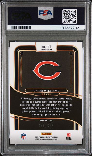Graded 2024 Panini Select Caleb Williams #114 Neon Green Shock /499 Rookie RC Football Card PSA 10 Gem Mint - Image 2