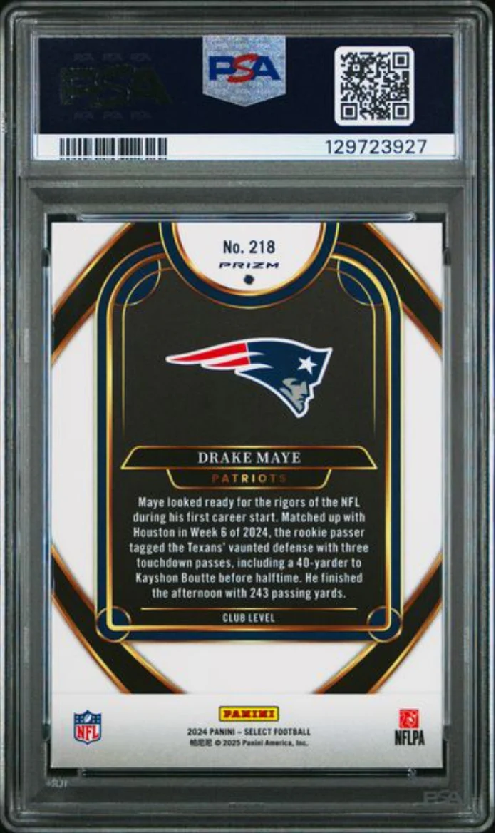 Graded 2024 Panini Select Drake Maye #218 Green & Yellow Shock Rookie RC Football Card PSA 10 Gem Mint - Image 2
