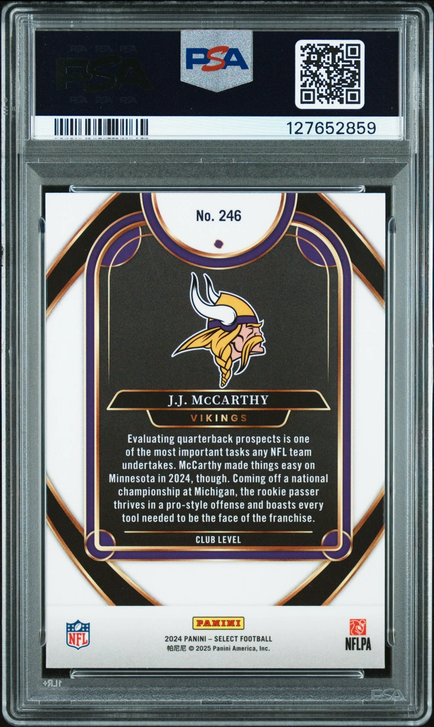 Graded 2024 Panini Select JJ McCarthy #246 Rookie RC Football Card PSA 10 Gem Mint - Image 2