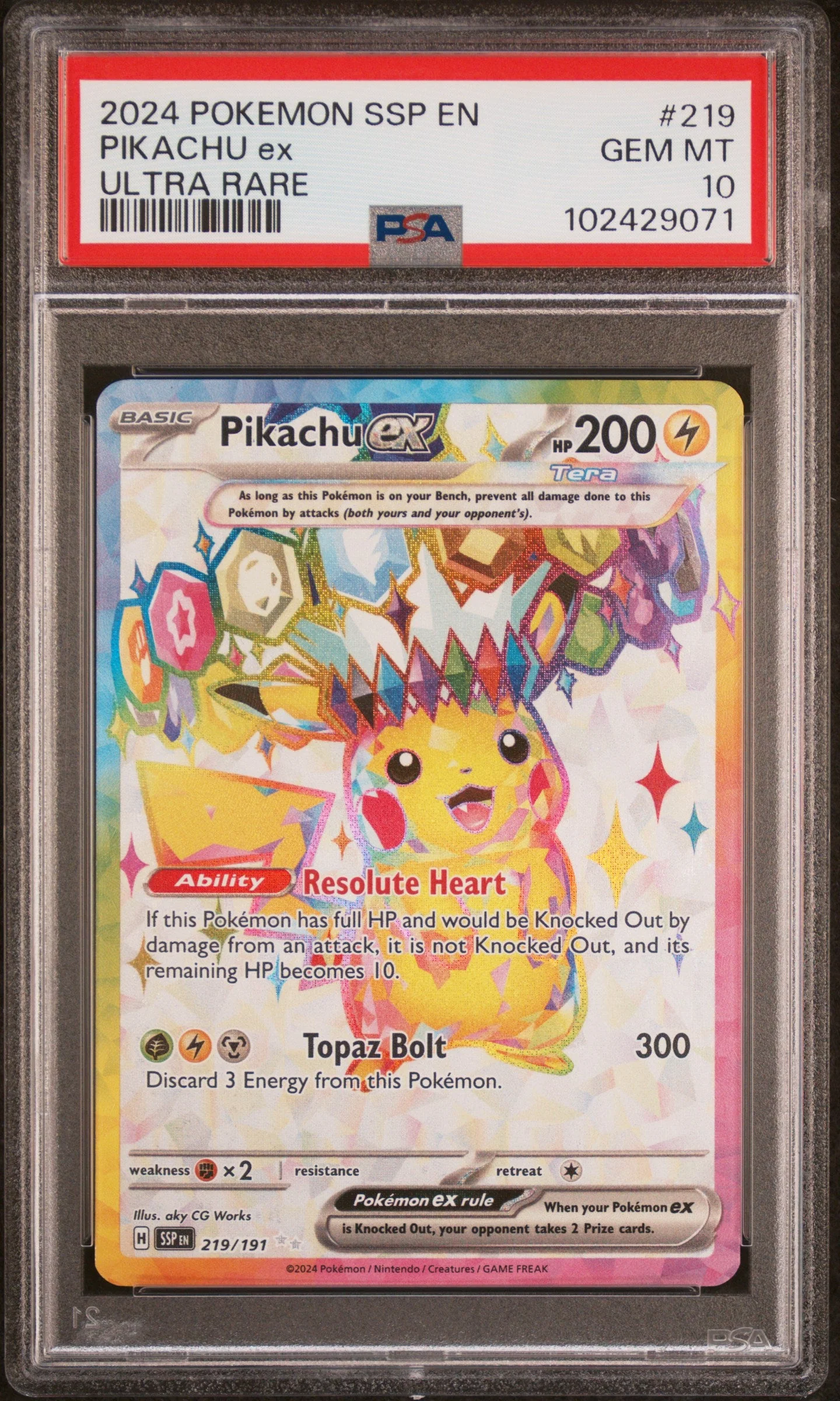 Graded 2024 PKM SSP EN Surging Sparks Pikachu Ex #219 Ultra Rare Trading Card Game PSA 10 Gem Mint