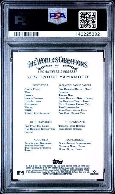 Graded 2024 Topps Allen & Ginter Yoshinobu Yamamoto #201 Chrome Xfractor Baseball Card PSA 10 Gem Mint - Image 2