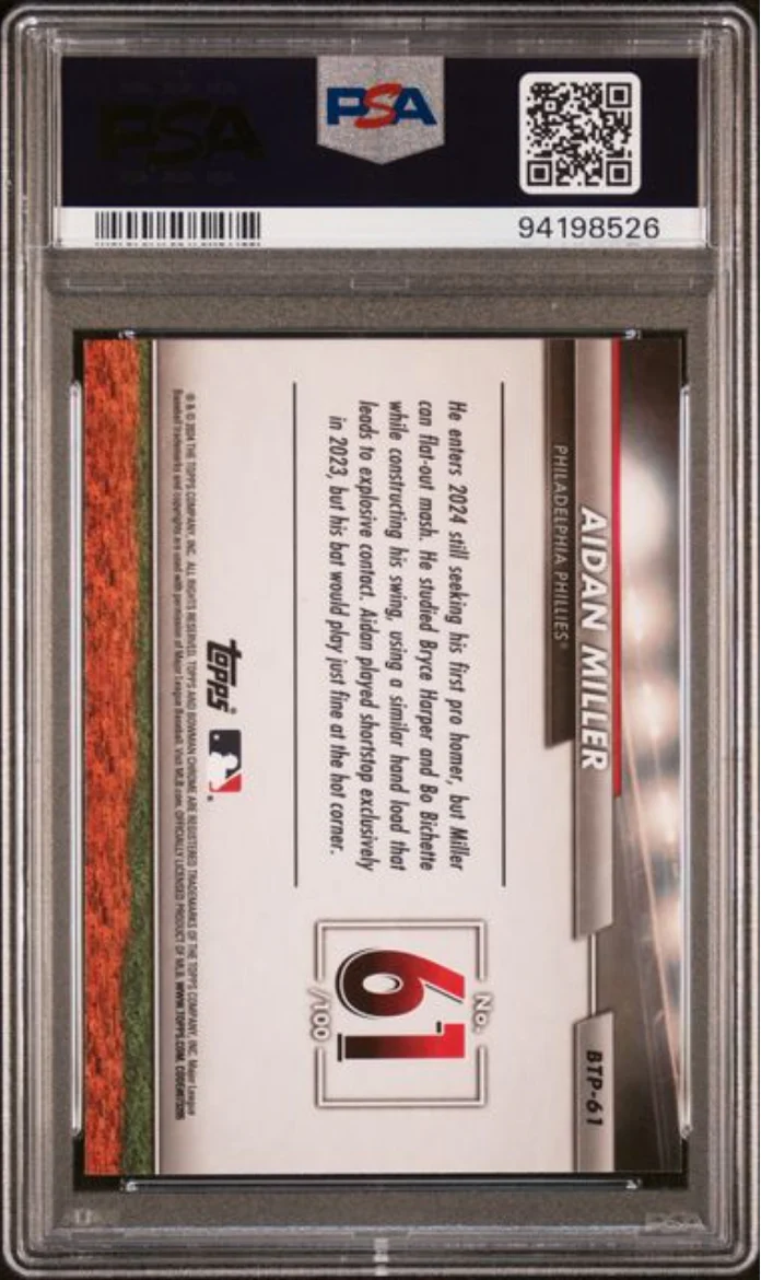 Graded 2024 Topps Bowman Aidan Miller #BTP61 Scouts Top 100 Rookie RC Baseball Card PSA 10 Gem Mint - Image 2