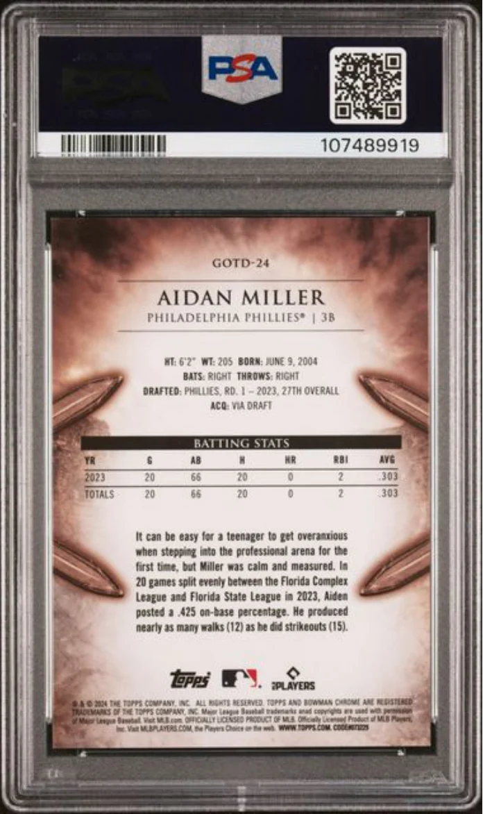 Graded 2024 Topps Bowman Aidan Miller #GOTD24 Gladiators of the Diamond Rookie RC Baseball Card PSA 10 Gem Mint - Image 2