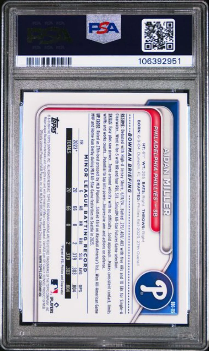 Graded 2024 Topps Bowman Draft Aidan Miller #BDC115 Chrome Sky Blue Refractor Rookie RC Baseball Card PSA 10 Gem Mint - Image 2