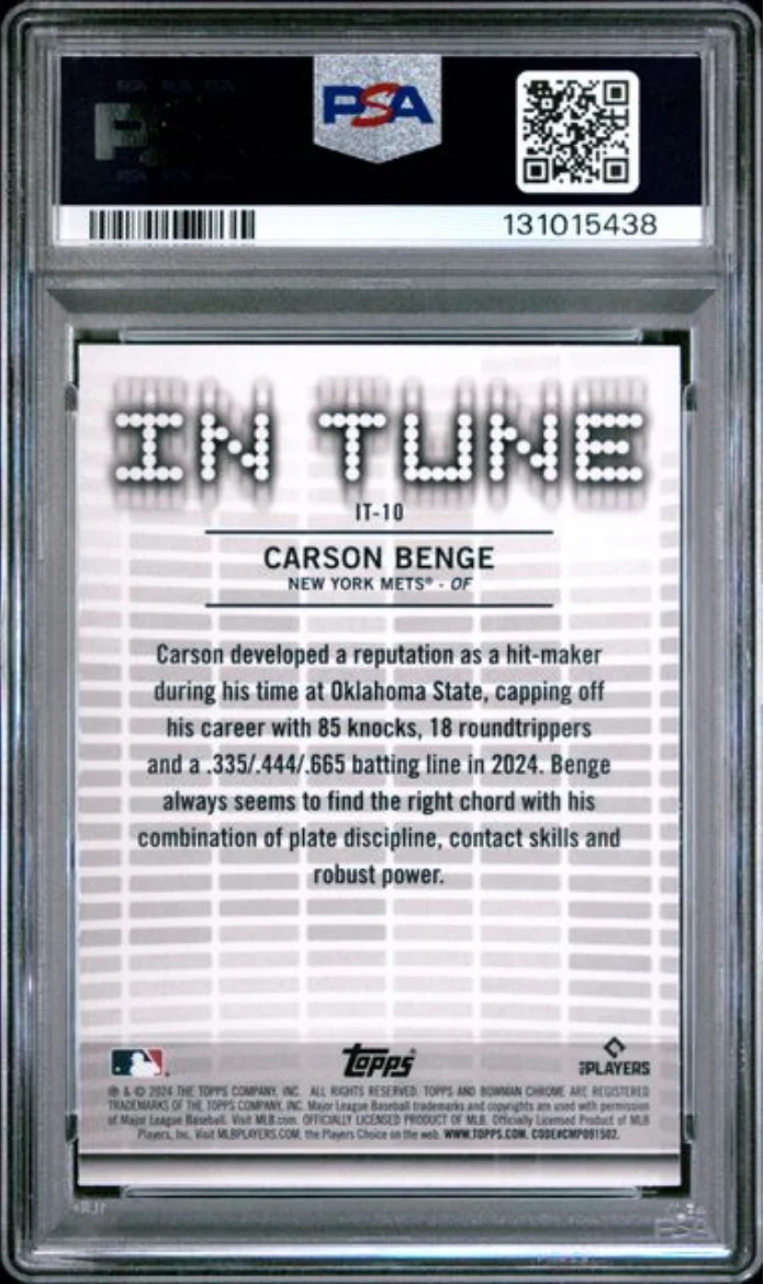 Graded 2024 Topps Bowman Draft Carson Benge #IT10 In Tune Rookie RC Baseball Card PSA 10 Gem Mint - Image 2