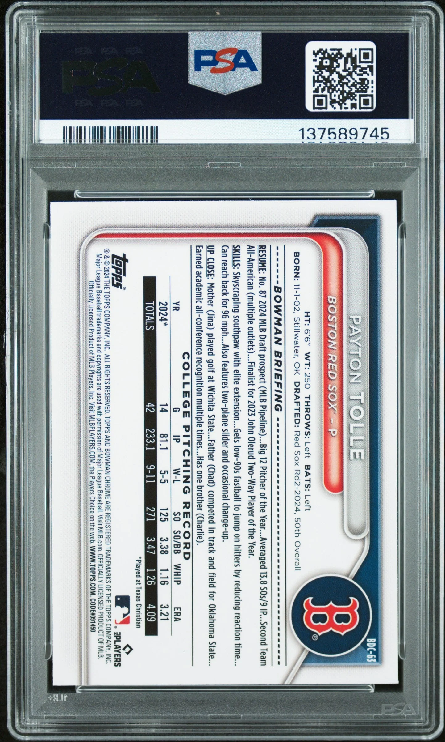 Graded 2024 Topps Bowman Draft Payton Tolle #BDC-63 Chrome Rookie RC Baseball Card PSA 9 Mint - Image 2