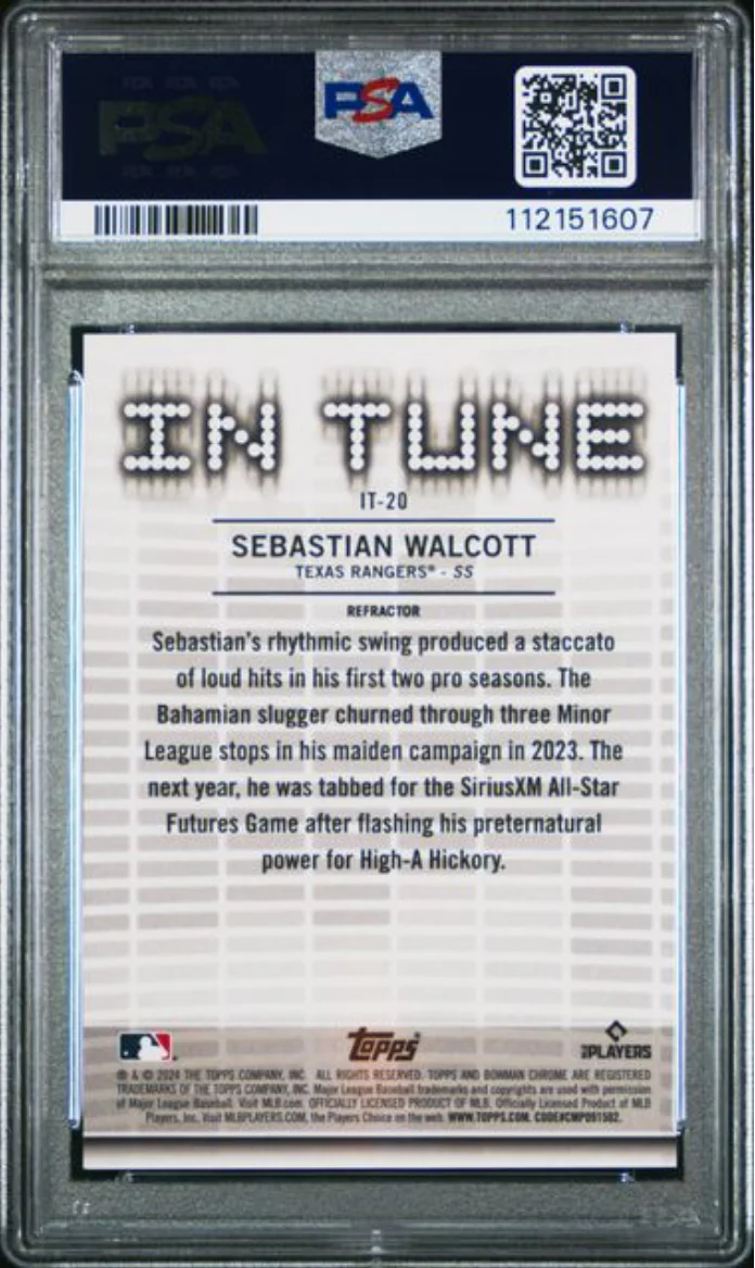 Graded 2024 Topps Bowman Draft Sebastian Walcott #IT20 In Tune Refractor /250 Rookie RC Baseball Card PSA 10 Gem Mint - Image 2
