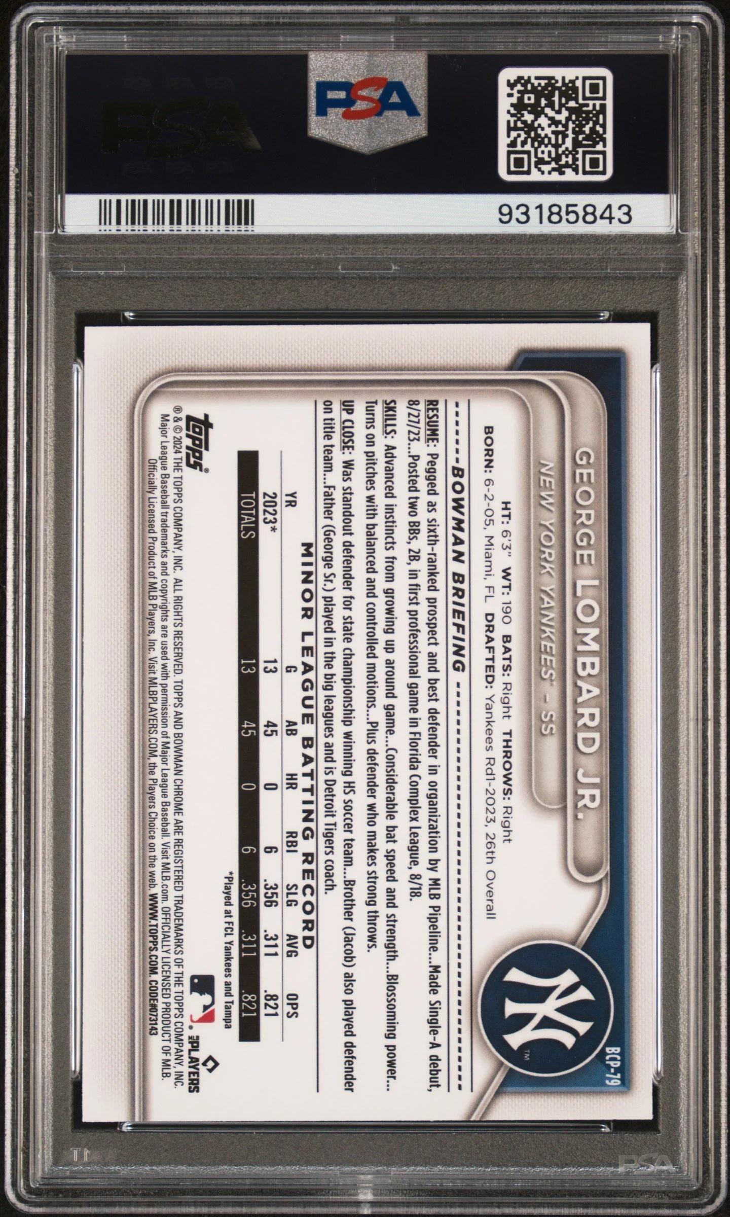 Graded 2024 Topps Bowman George Lombard Jr #BCP79 Chrome Prospects Lunar Glow Rookie RC Baseball Card PSA 10 Gem Mint - Image 2