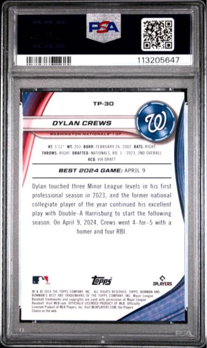 Graded 2024 Topps Bowmans Best Dylan Crews #TP30 Top Prospects Purple Mojo /250 Rookie RC Baseball Card PSA 10 Gem Mint - Image 2