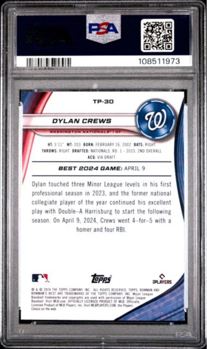 Graded 2024 Topps Bowmans Best Dylan Crews #TP30 Top Prospects Rookie RC Baseball Card PSA 10 Gem Mint - Image 2