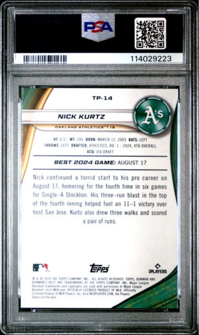 Graded 2024 Topps Bowmans Best Nick Kurtz #TP14 Top Prospects Aqua Lava /199 Rookie RC Baseball Card PSA 10 Gem Mint - Image 2