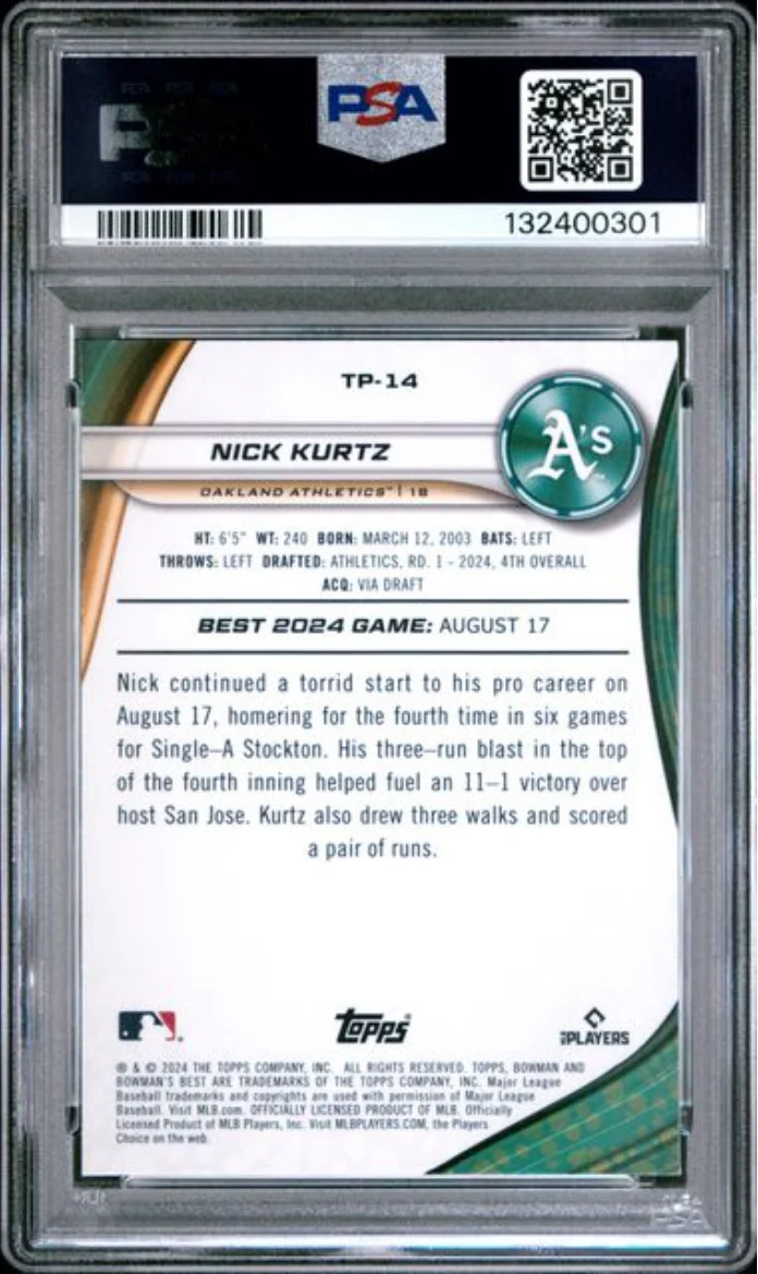 Graded 2024 Topps Bowmans Best Nick Kurtz #TP14 Top Prospects Rookie RC Baseball Card PSA 10 Gem Mint - Image 2