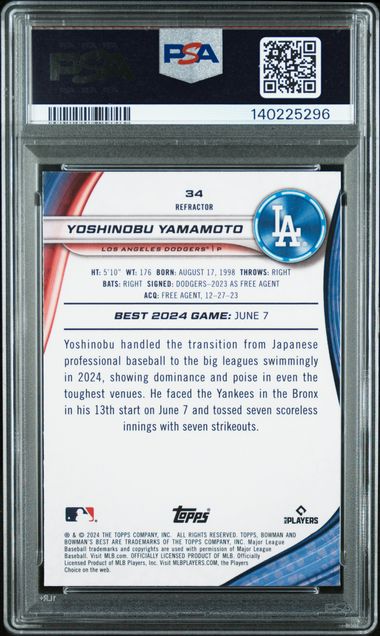 Graded 2024 Topps Bowmans Best Yoshinobu Yamamoto #34 Refractor Rookie RC Baseball Card PSA 10 Gem Mint - Image 2