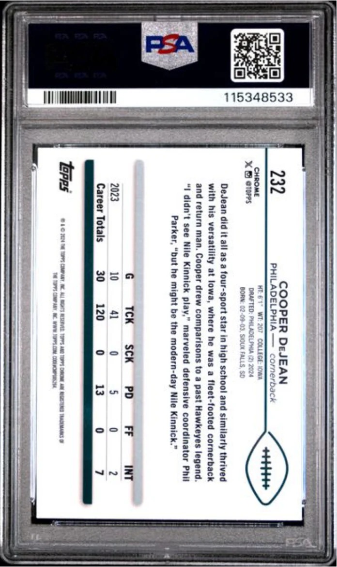 Graded 2024 Topps Chrome Cooper DeJean #232 Green Geometric /99 Rookie RC Football Card PSA 10 Gem Mint - Image 2