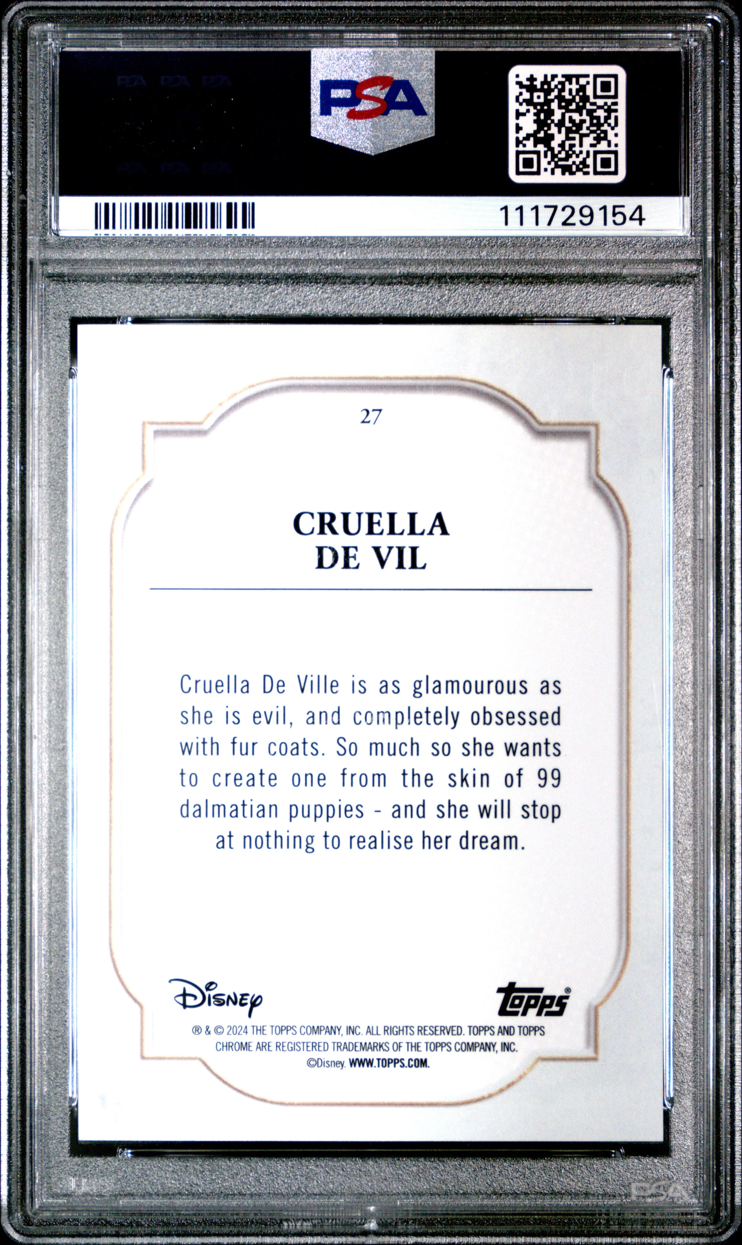 Graded 2024 Topps Chrome Disney Cruella De Vil #27 Purple Refractor #/199 101 Dalmations Trading Card PSA 10 Gem Mint - Image 2