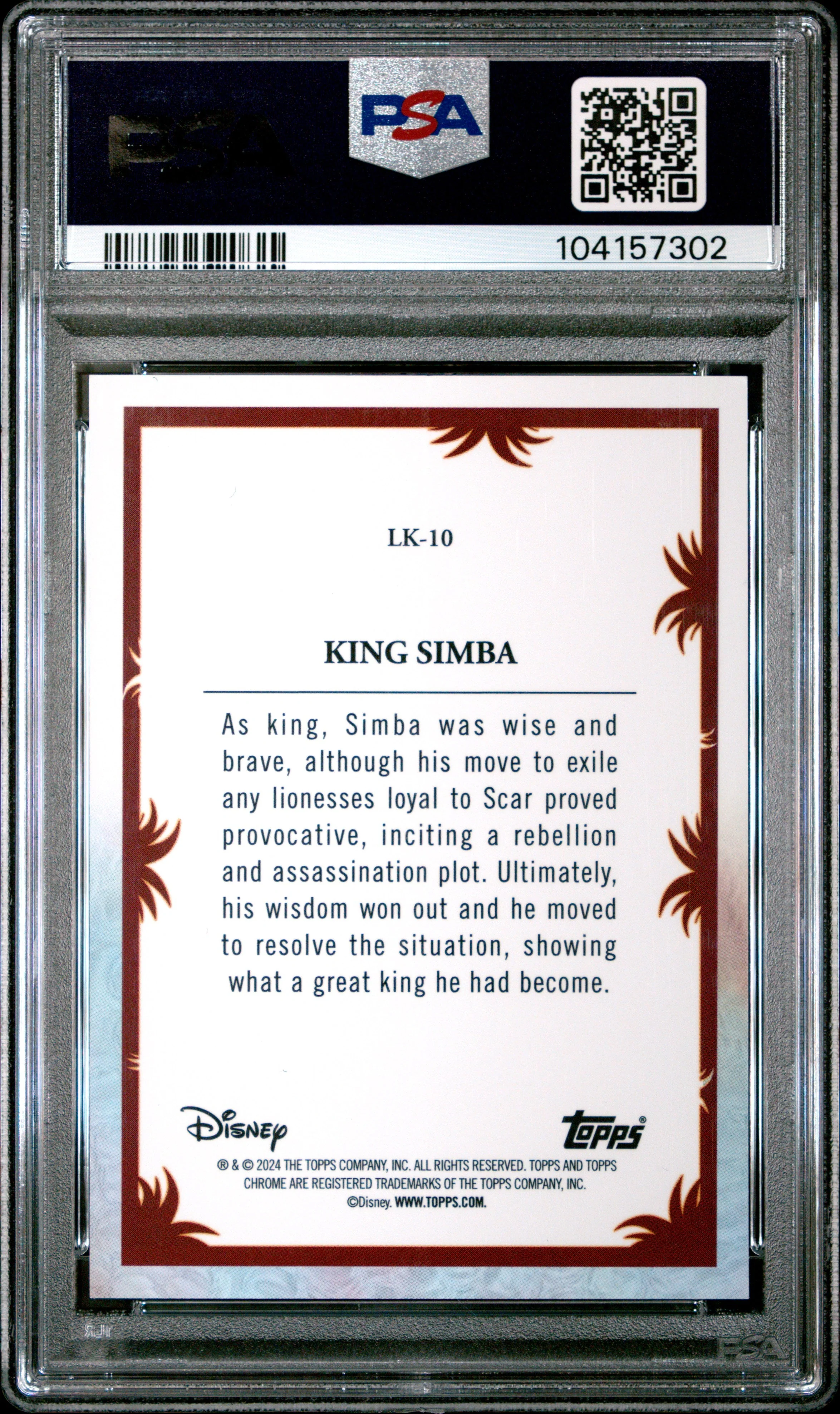 Graded 2024 Topps Chrome Disney King Simba #LK10 The Lion King 30th Anniversary Trading Card PSA 10 Gem Mint - Image 2