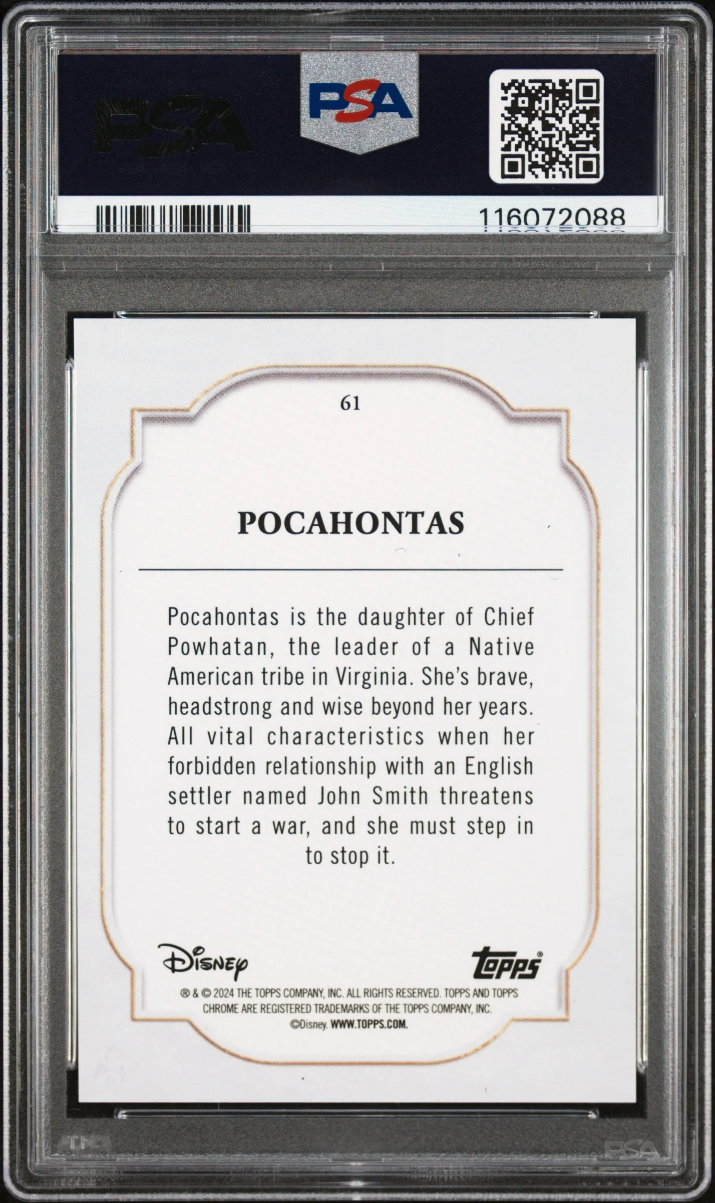 Graded 2024 Topps Chrome Disney Pocahontas #61 Purple Refractor #/199 Trading Card PSA 10 Gem Mint - Image 2