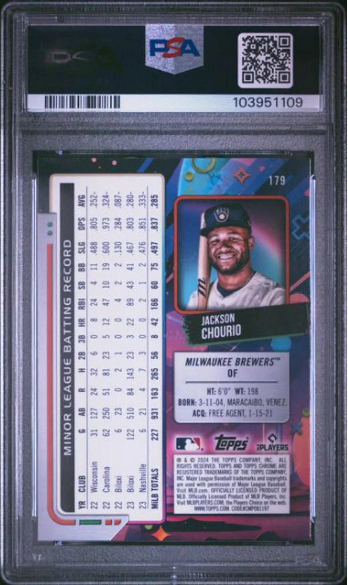 Graded 2024 Topps Cosmic Chrome Jackson Chourio #179 Rookie RC Baseball Card PSA 10 Gem Mint - Image 2