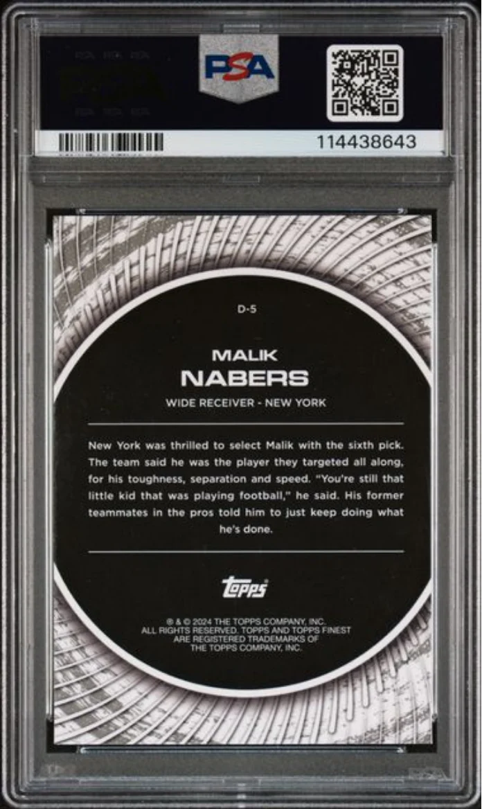 Graded 2024 Topps Finest Malik Nabers #D5 Debut Blue Refractor /99 Rookie RC Football Card PSA 10 Gem Mint - Image 2